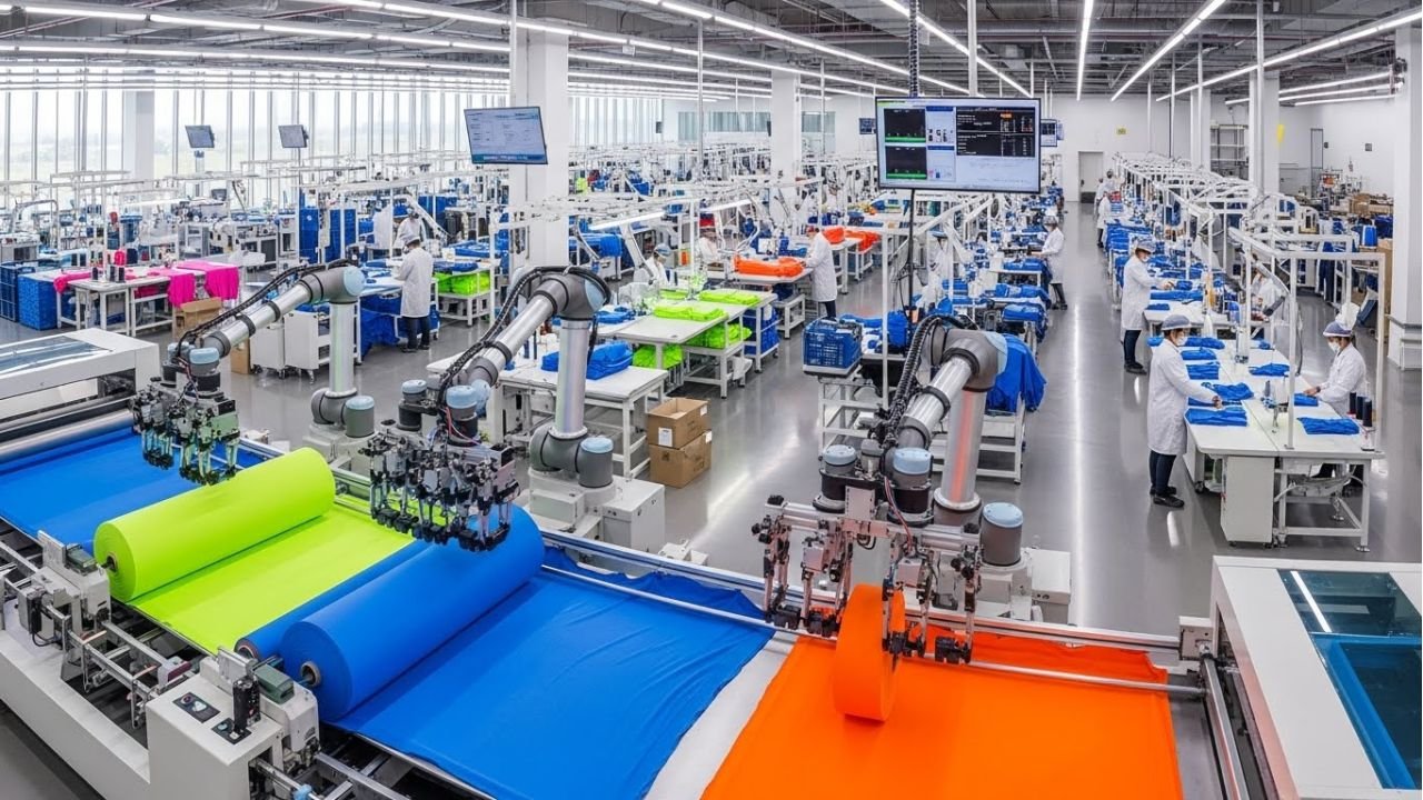 Advanced sportswear manufacturing facility with modern machinery and skilled workers.