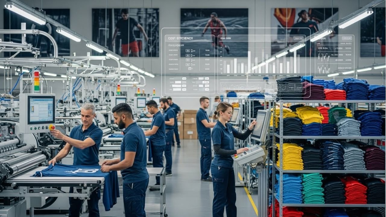 Sportswear factory scene highlighting cost efficiency and modern production processes.