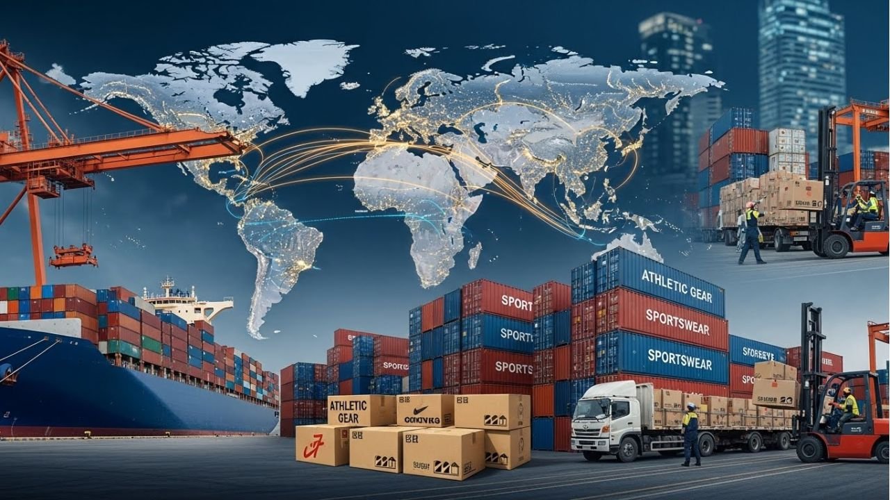 Global supply chain illustration for sportswear manufacturing and export.