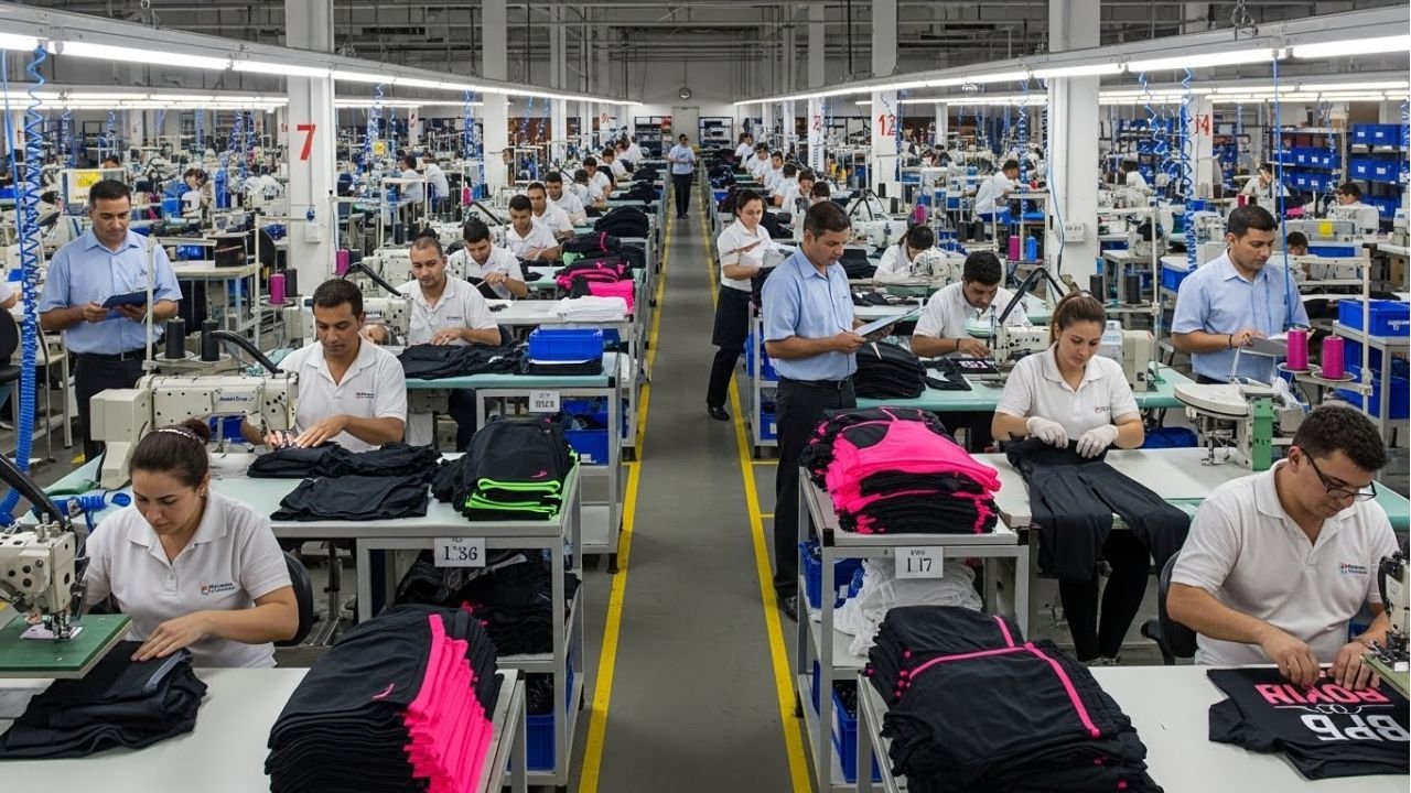 Bulk sportswear production in a factory with assembly lines and supervisors managing orders.