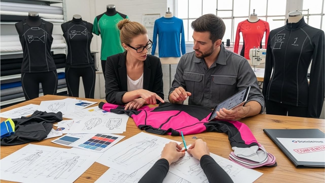 "Designer and engineer reviewing sportswear prototypes and technical drawings for OEM and ODM services."