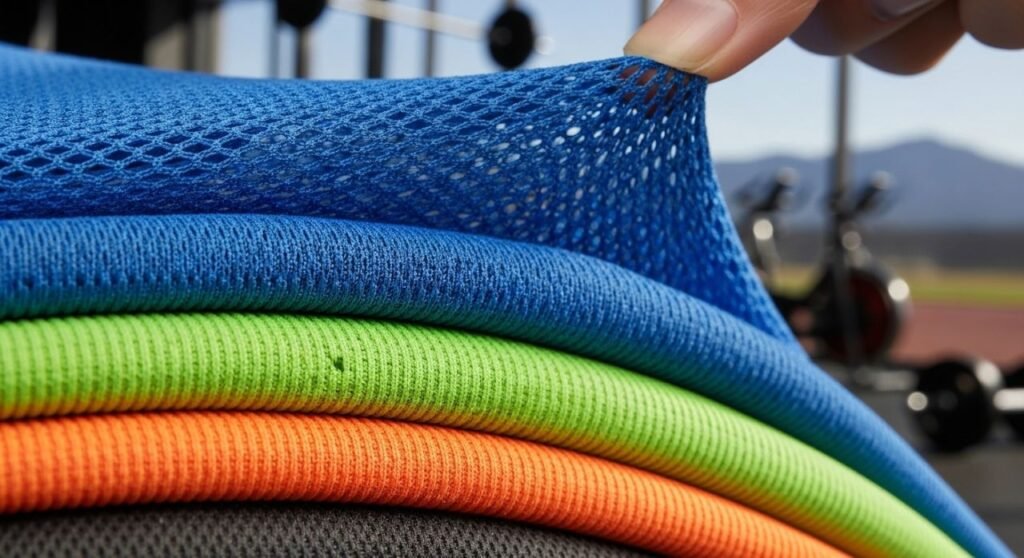 High-performance sportswear fabrics including polyester, spandex, and recycled nylon, highlighting texture, stretch, and breathability.