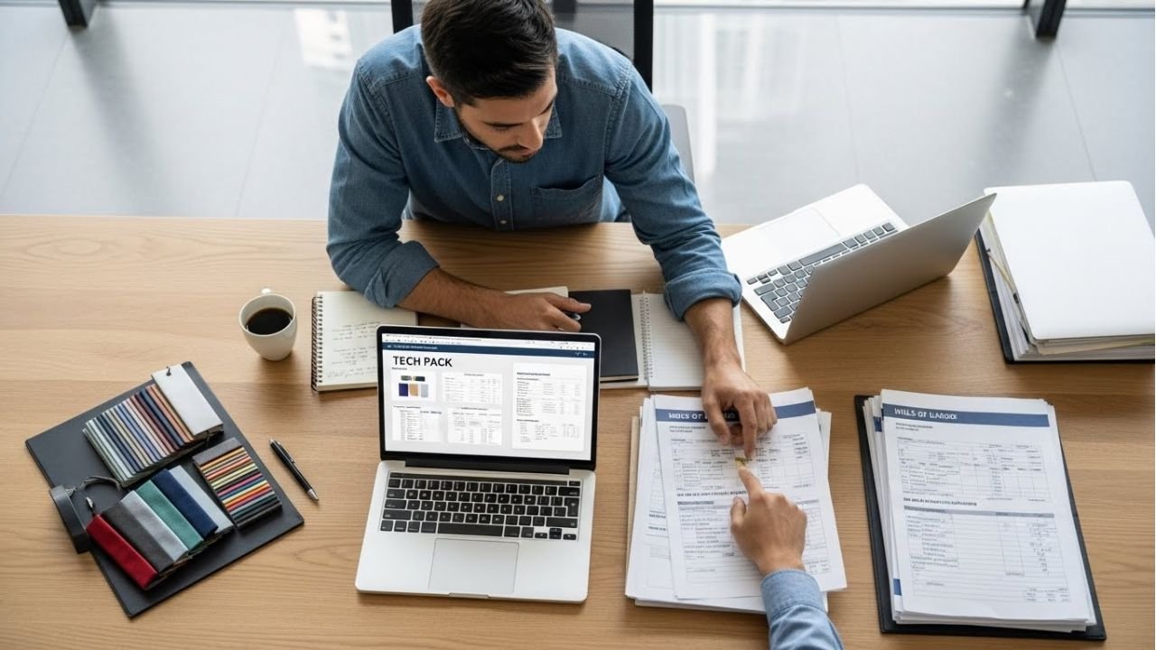 “B2B buyer managing private label sportswear sourcing, reviewing samples and export logistics.”