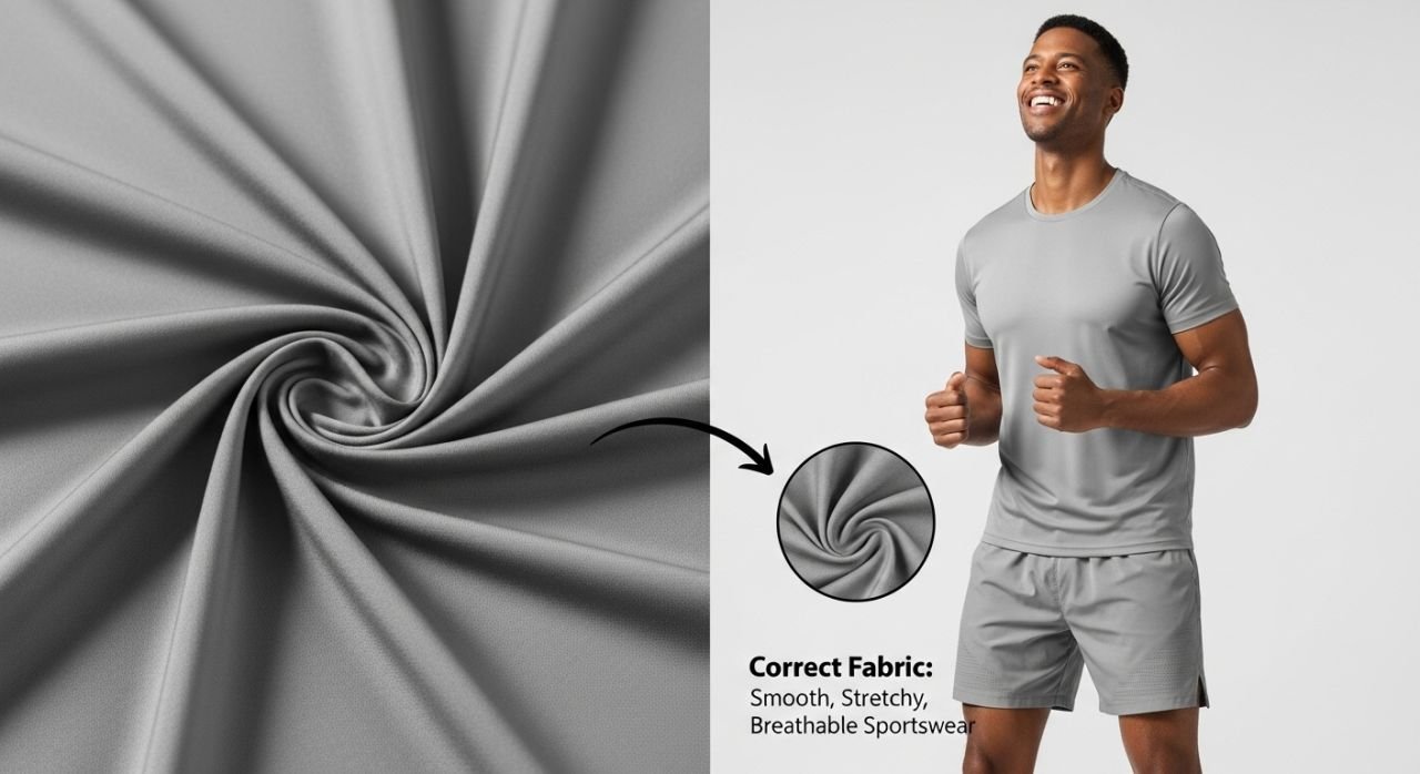 Comparison of incorrect vs. correct sportswear fabric selection highlighting comfort and performance differences.