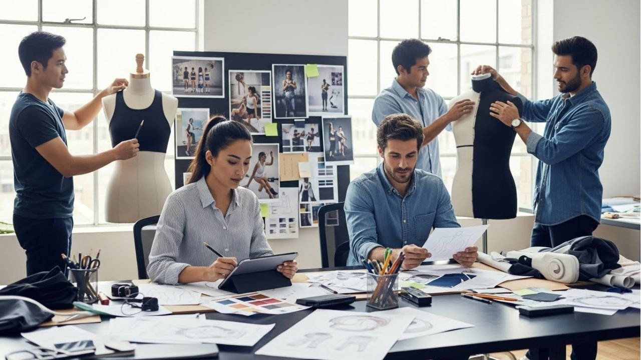 Designers developing sportswear concepts with sketches, tech packs, and fabric samples in a modern studio.