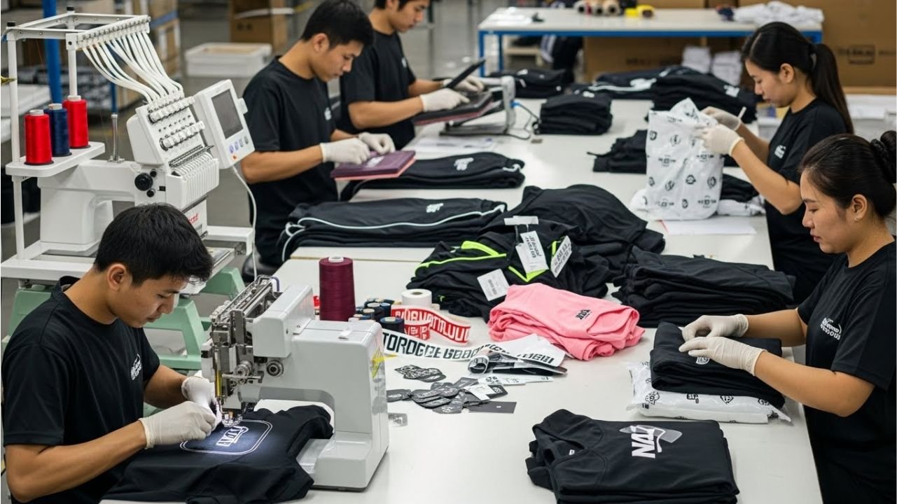 Staff applying logos, embroidery, and labels to sportswear for custom branding and finishing touches.