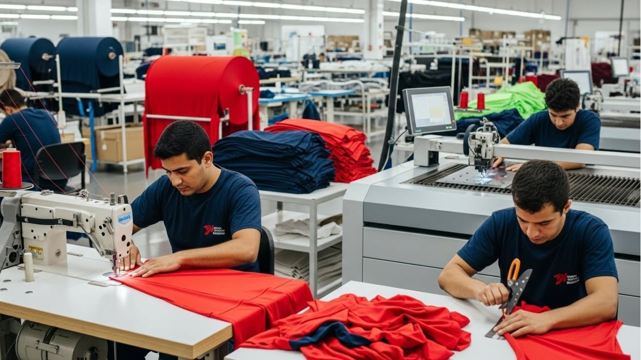 Skilled workers cutting and stitching sportswear in a modern factory with precise patterns and sewing machines.