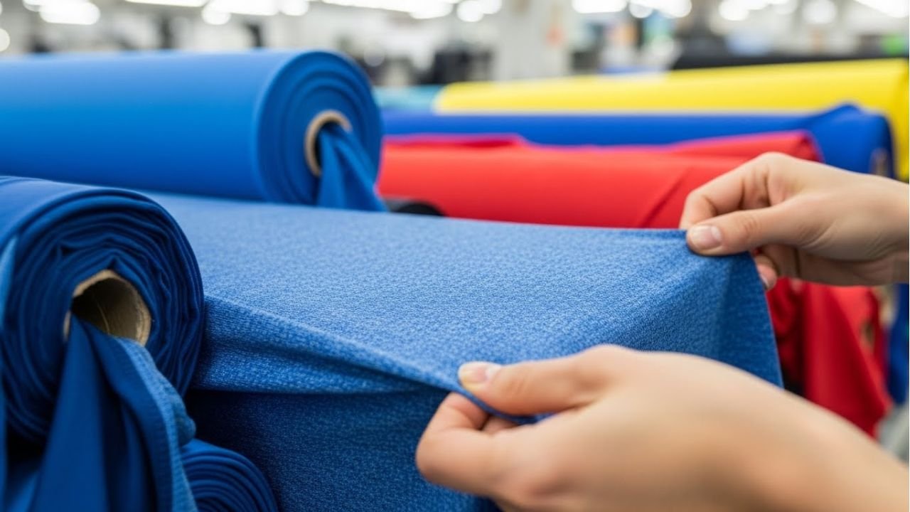 Performance fabrics for sportswear being inspected and tested for quality in a modern factory.