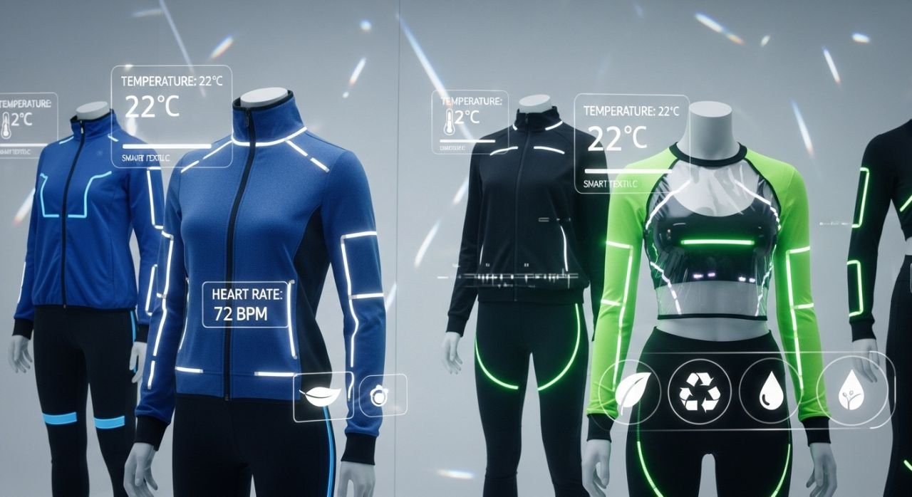Future high-performance sportswear fabrics with smart textile technology, wearable tech, and eco-friendly materials.