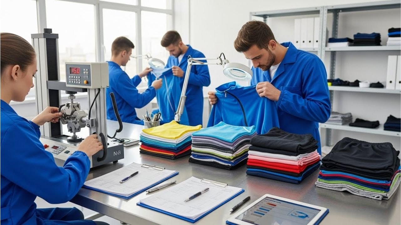 "Workers inspecting sportswear quality, checking stitching and fabric durability."