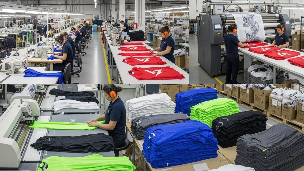 “Private label sportswear production process including cutting, stitching, printing, and packaging.”