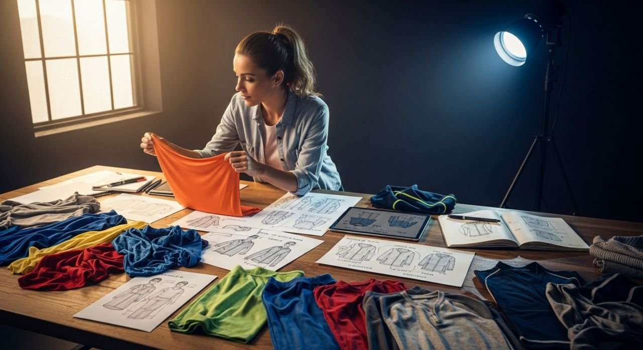 Designer selecting high-performance sportswear fabric swatches for gym, outdoor, and teamwear products.
