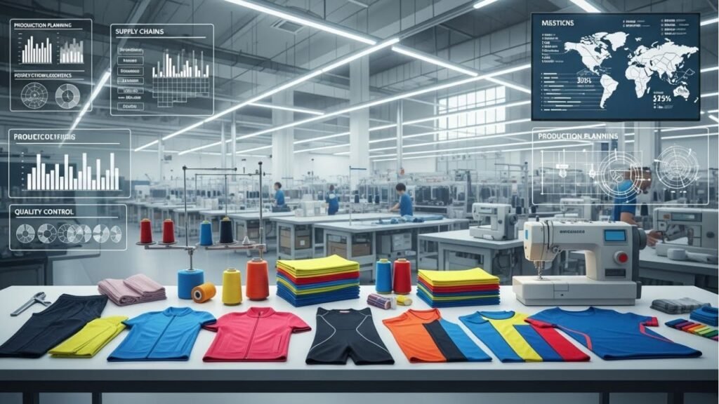 "Designer reviewing custom sportswear samples and fabrics at a modern workspace."