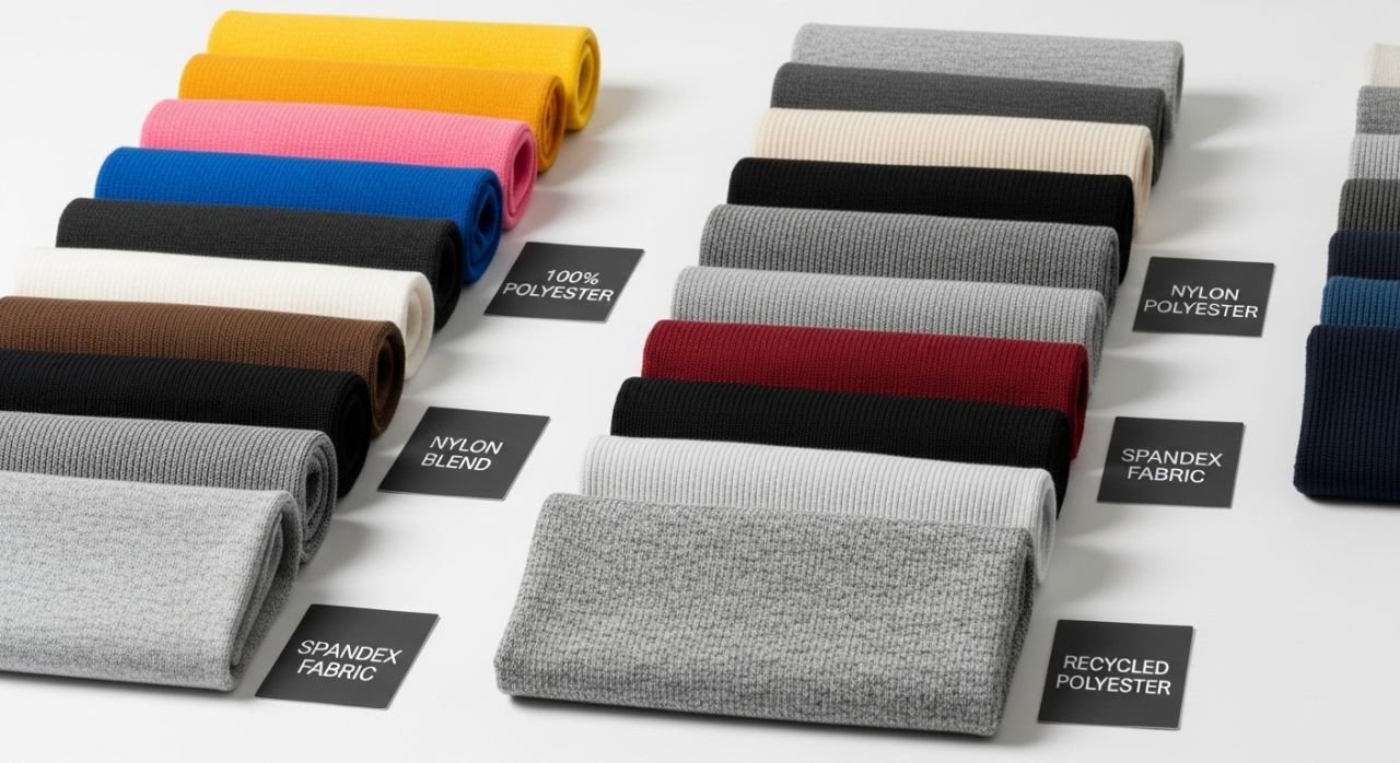 Various high-performance sportswear fabrics including polyester, nylon, spandex, and eco-friendly recycled textiles.