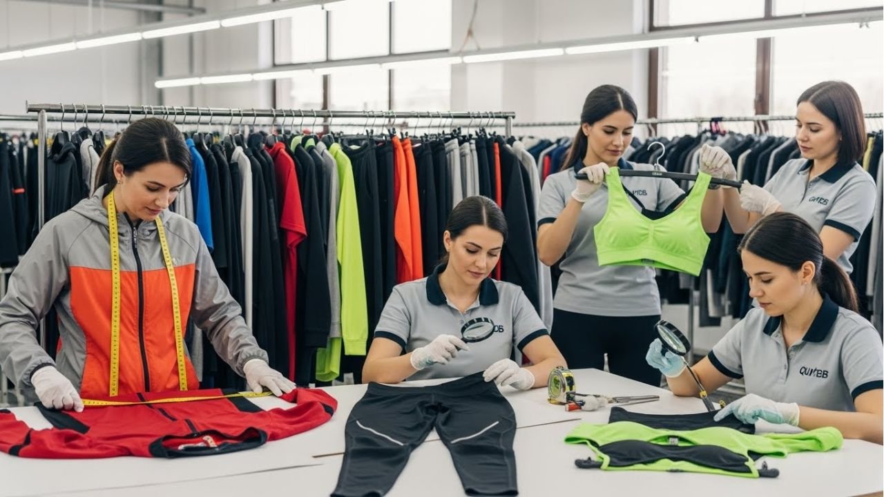 Inspectors performing quality control on sportswear, checking size, stitching, and durability.