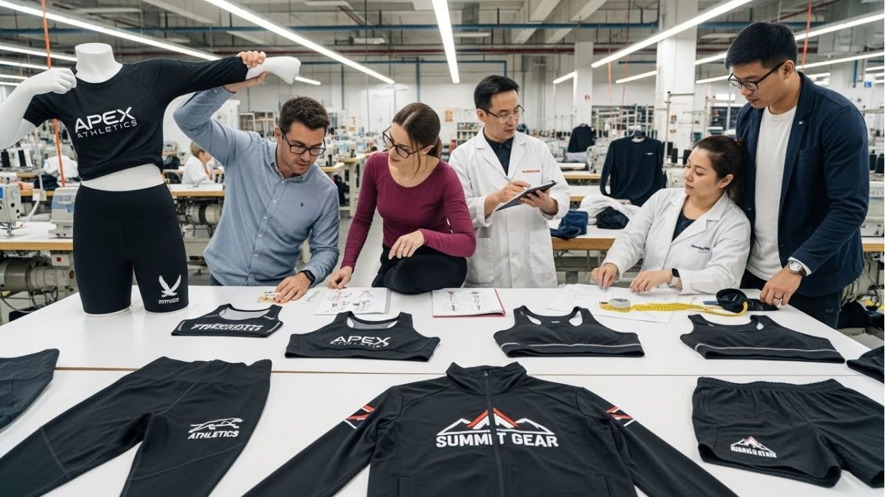 Prototype sportswear samples being tested for fit, comfort, and design adjustments in a factory.