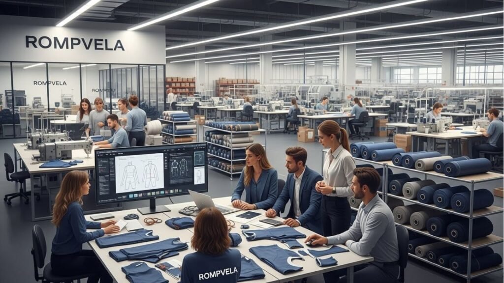 Thumbnail showing sportswear manufacturing process in a modern factory with designers, fabrics, and sewing machines.