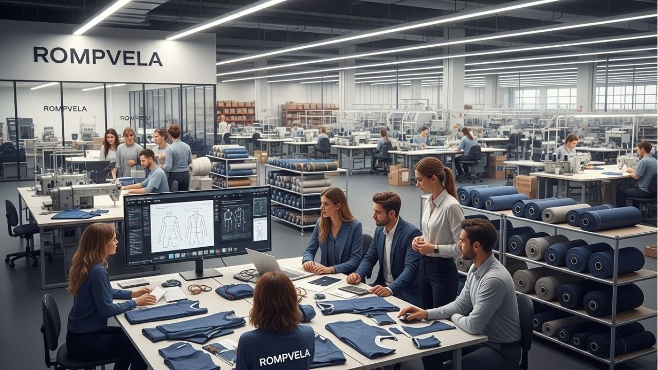 Thumbnail showing sportswear manufacturing process in a modern factory with designers, fabrics, and sewing machines.