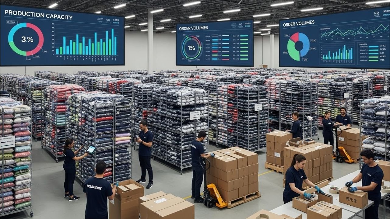 "Bulk sportswear orders stacked in a factory, ready for shipment."