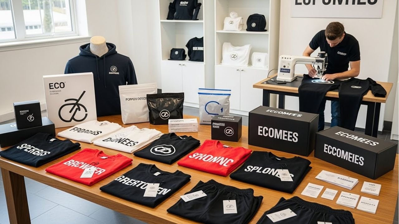 "Designer customizing sportswear with logos, embroidery, and fabric samples."