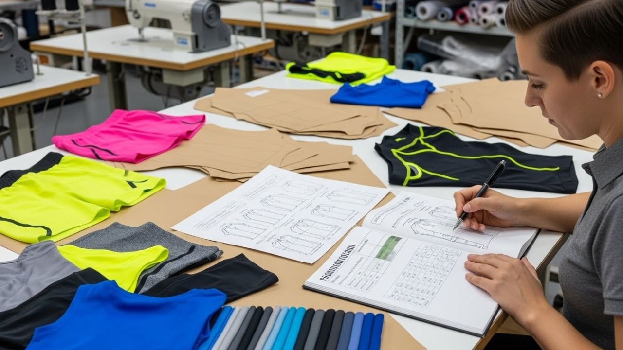 "Sportswear factory showing workers making custom athletic wear and performance clothing."