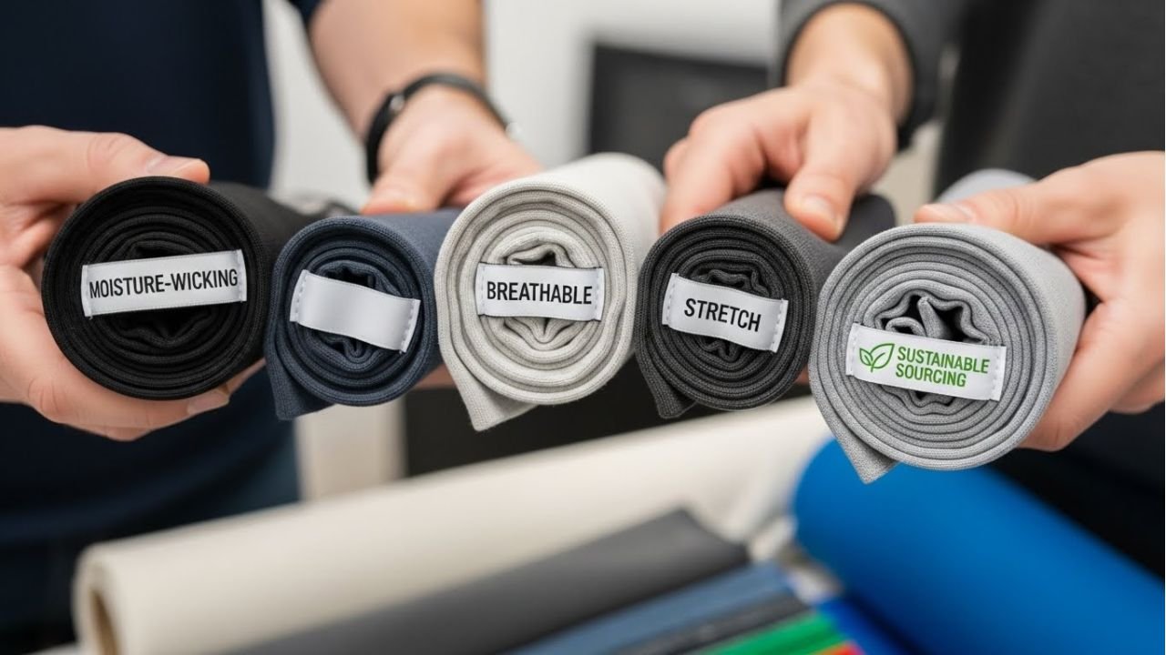 "Variety of sportswear fabrics including moisture-wicking, breathable, and sustainable materials."