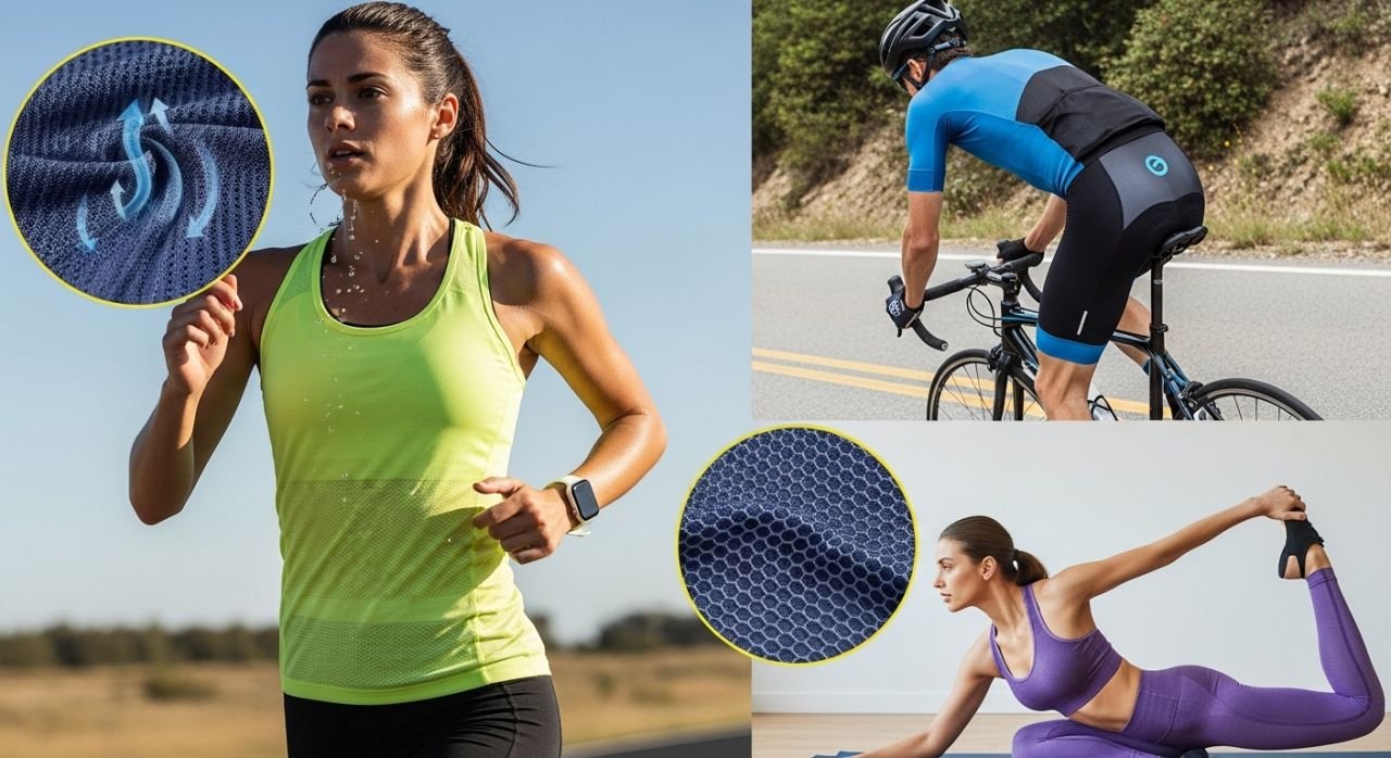 Athletes wearing high-performance sportswear showcasing moisture-wicking, breathable, and flexible fabrics.