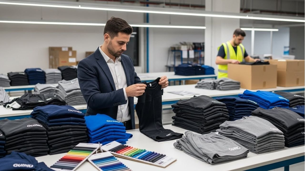 “B2B buyer reviewing private label sportswear orders with quality control and customization.”