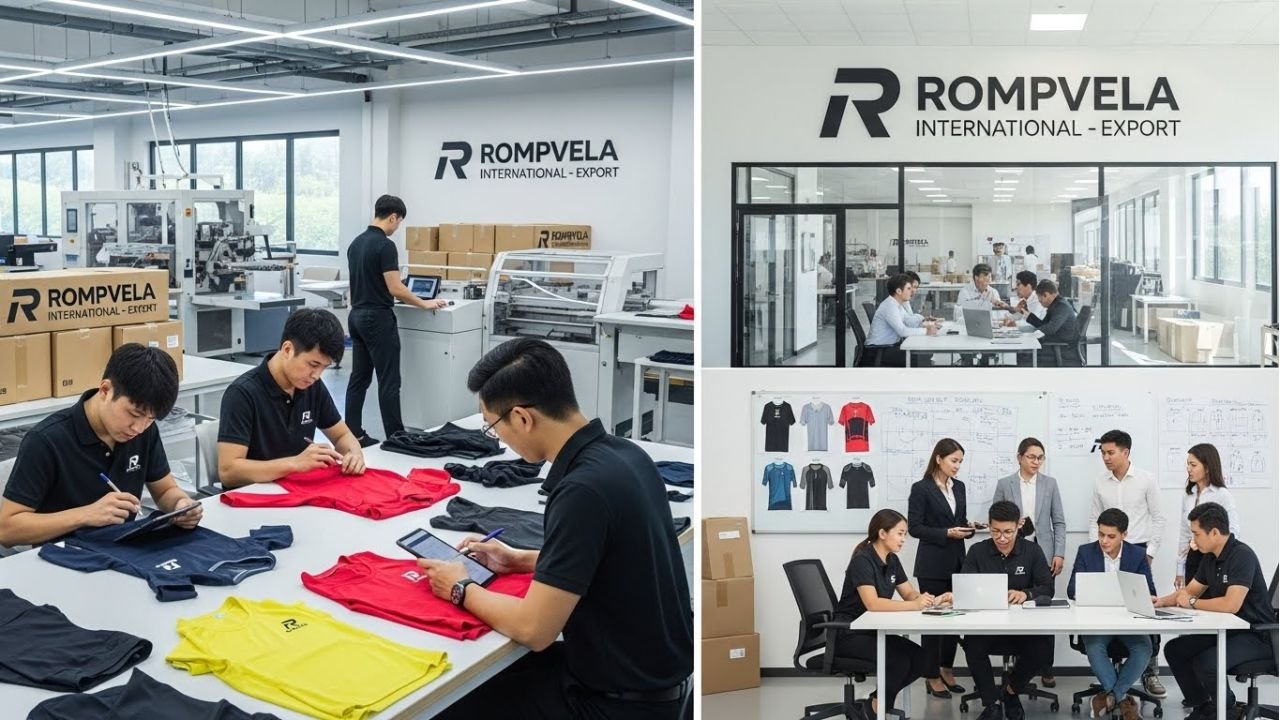 “Rompvela International team producing high-quality private label sportswear for B2B clients.”