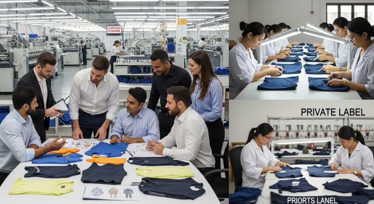 B2B clients collaborating with a sportswear manufacturer for custom fabric production and quality assurance.