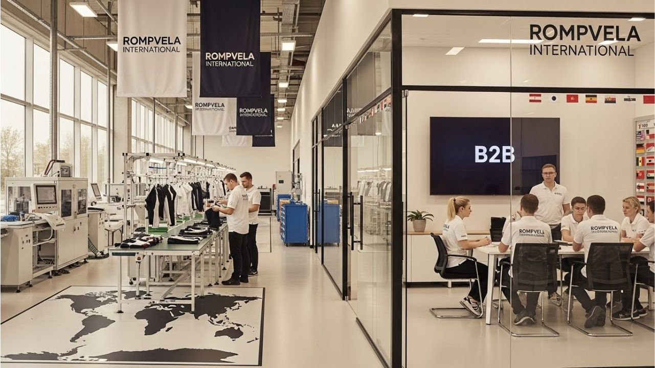 "Rompvela International staff inspecting custom sportswear in a professional factory and office setting."