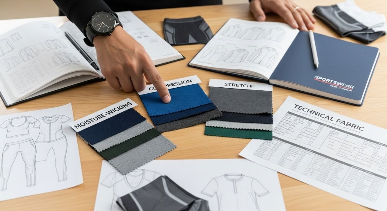 B2B sportswear brand selecting fabric technology with swatches and design notes.