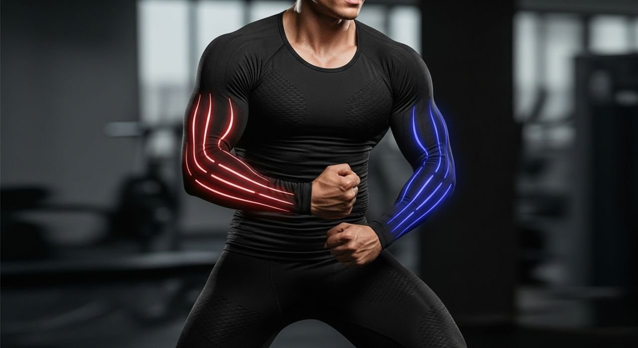 Athlete wearing compression sportswear showing muscle support and improved circulation.