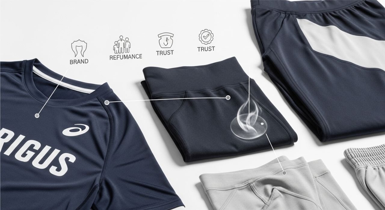 Premium sportswear flat lay showing high-quality fabrics representing brand reputation and comfort.