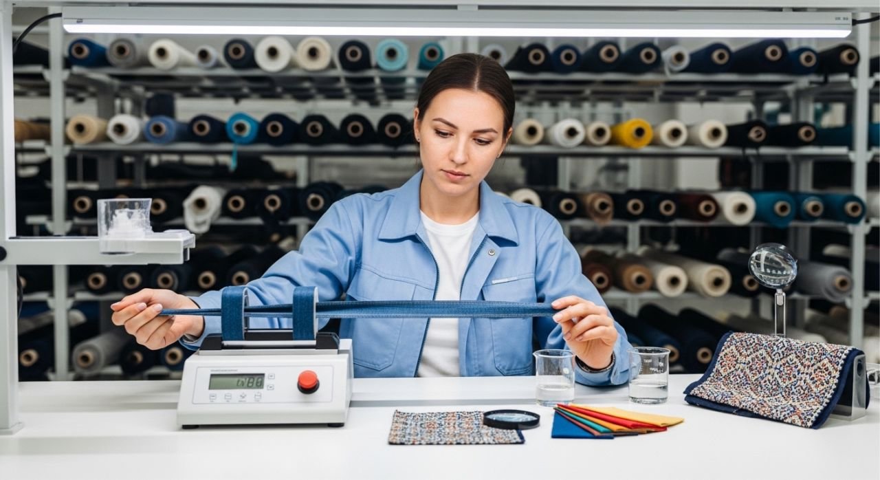 Technician testing sportswear fabrics to ensure consistent quality for brands.