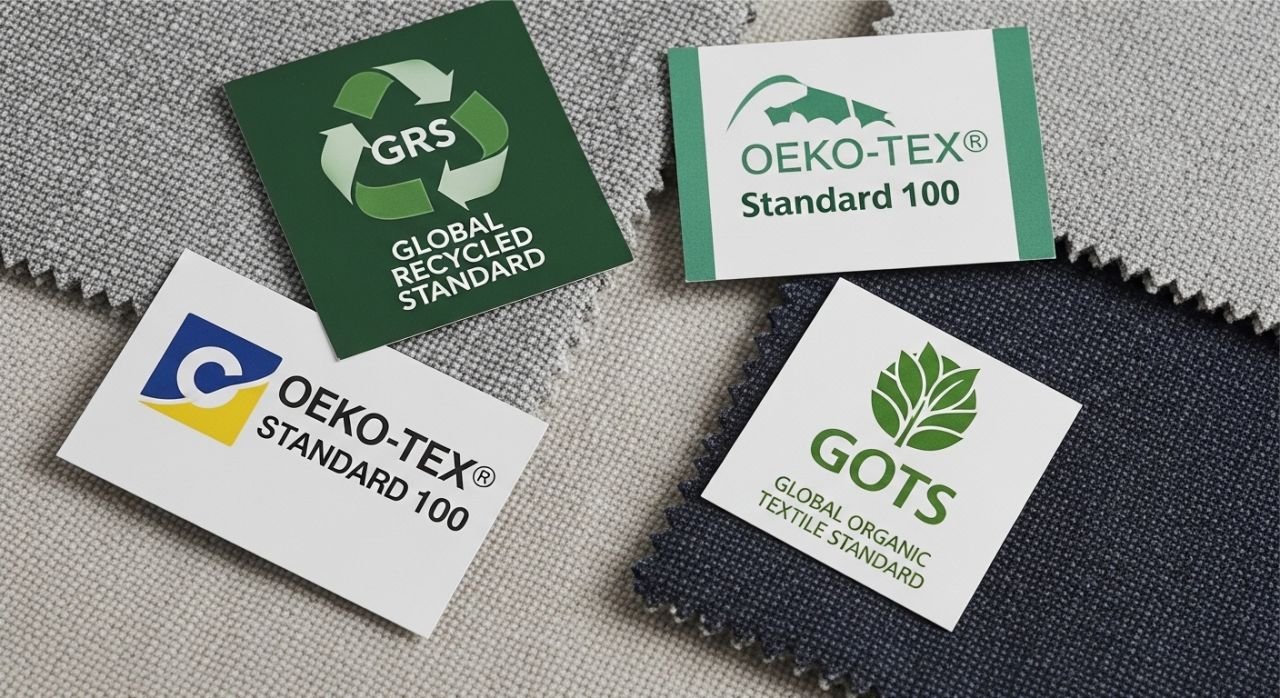 B2B buyer reviewing sustainable sportswear fabric samples with certifications like GRS, OEKO-TEX®, and GOTS.