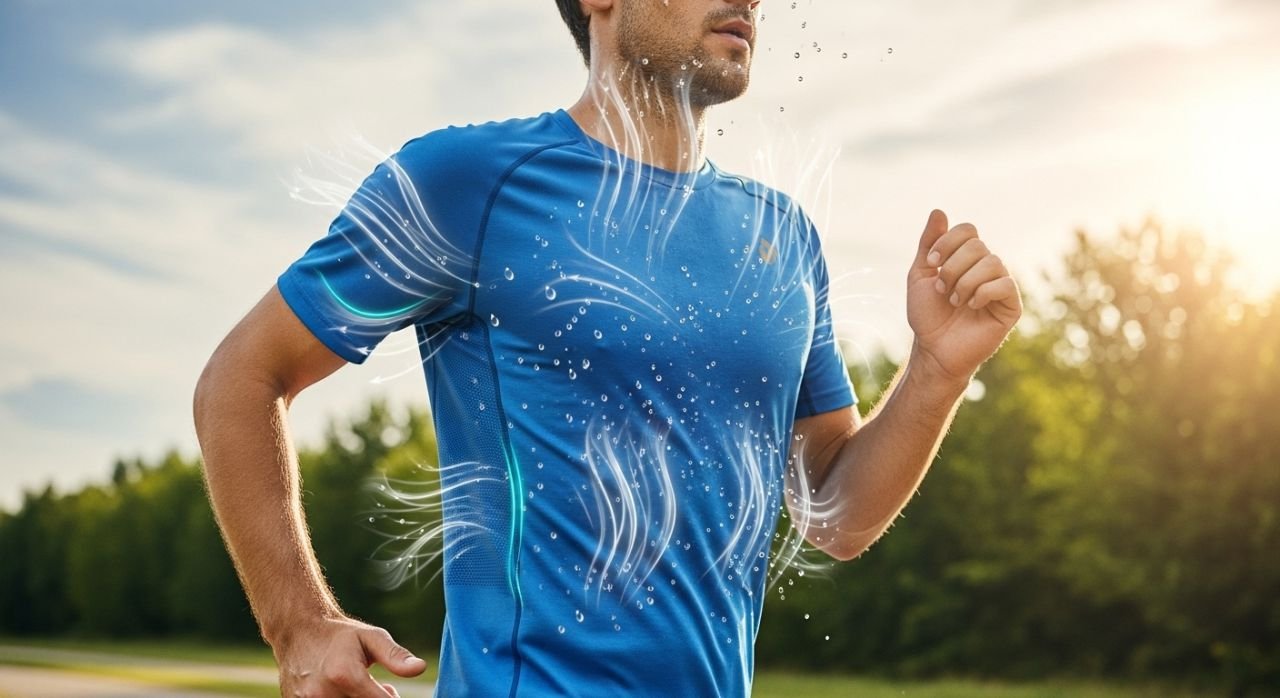 Runner wearing moisture-wicking fabric showing sweat evaporation, comfort, and cooling benefits.