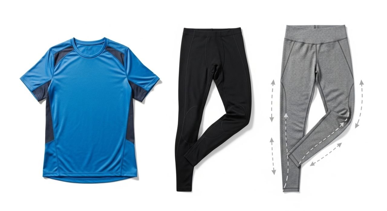 Comparison of moisture-wicking, compression, and stretch fabrics showing performance differences.