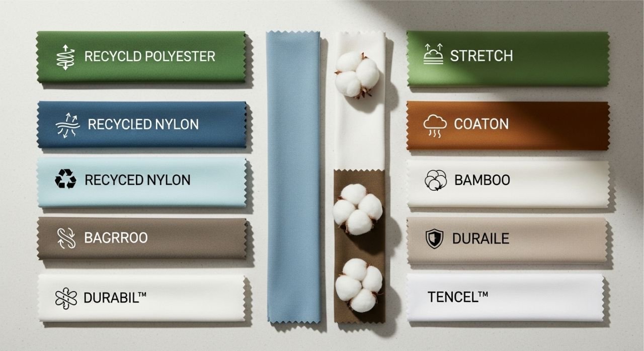 Popular sustainable fabrics for sportswear including recycled polyester, organic cotton, bamboo, and TENCEL™.