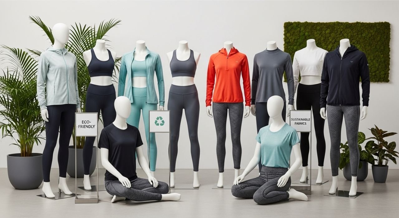 Collection of sustainable sportswear made from eco-friendly fabrics like recycled polyester, organic cotton, and bamboo.