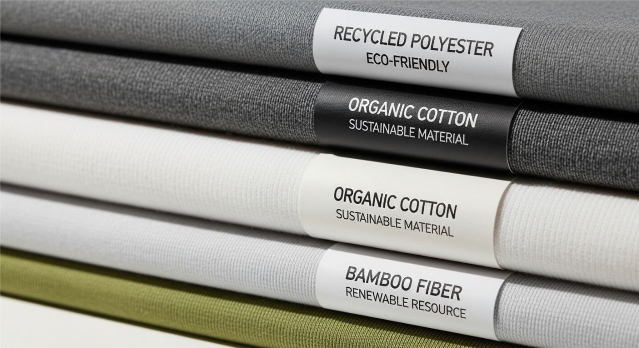 Close-up of sustainable sportswear fabrics such as recycled polyester, organic cotton, and bamboo.