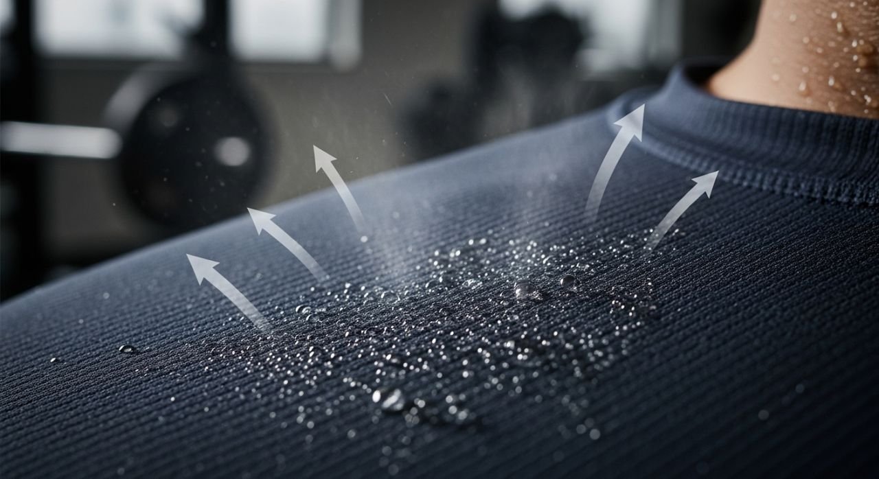 High-performance moisture-wicking sports shirt pulling sweat away from skin, showing breathable fabric.