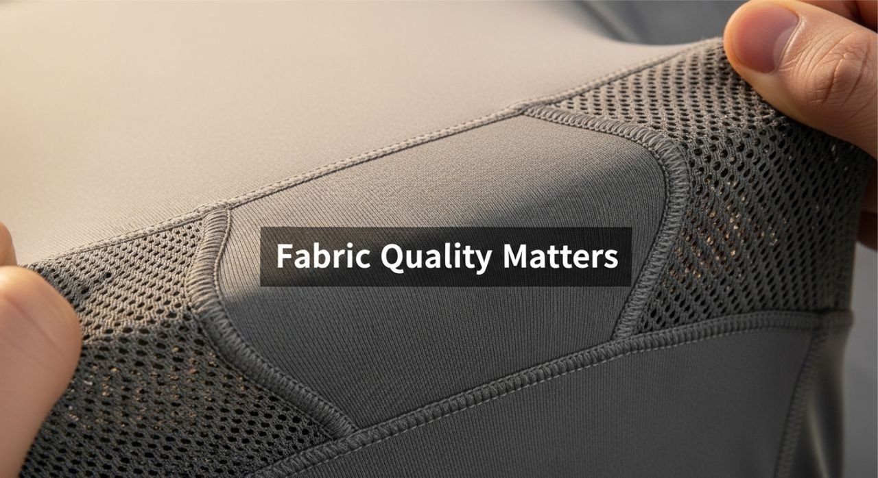 Close-up of premium sportswear fabric showing texture, stretch, and stitching quality.
