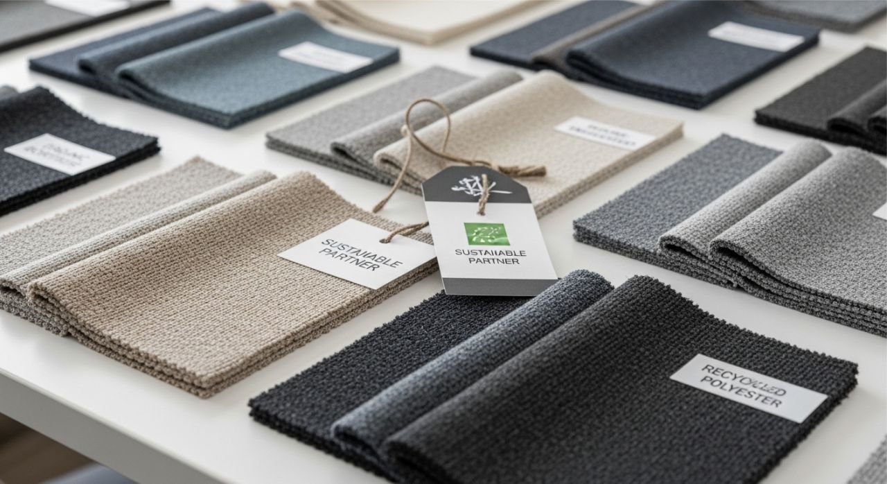 B2B meeting with a sustainable sportswear manufacturer reviewing eco-friendly fabrics and production options.