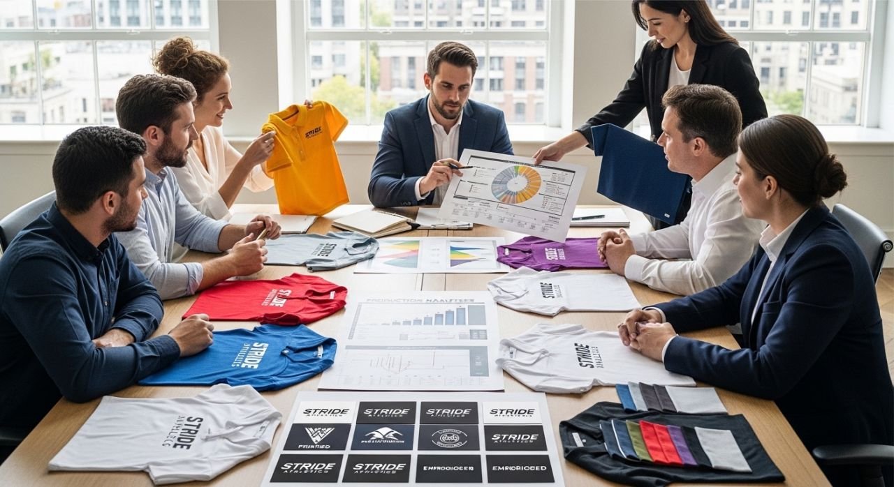 “Brand managers and manufacturers reviewing printed and embroidered sportswear samples.”