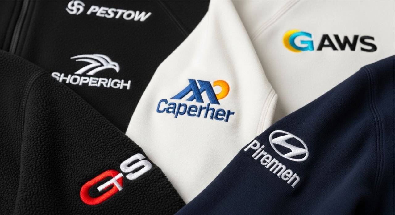 “Embroidered logos on sportswear showing premium texture and durable stitching.”