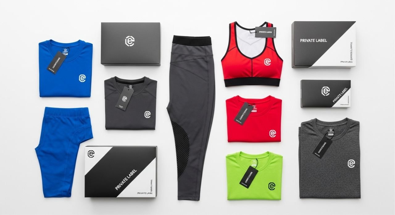 “Private label sportswear products including gym wear, compression leggings, and branded athletic shirts on a clean flat-lay background.”