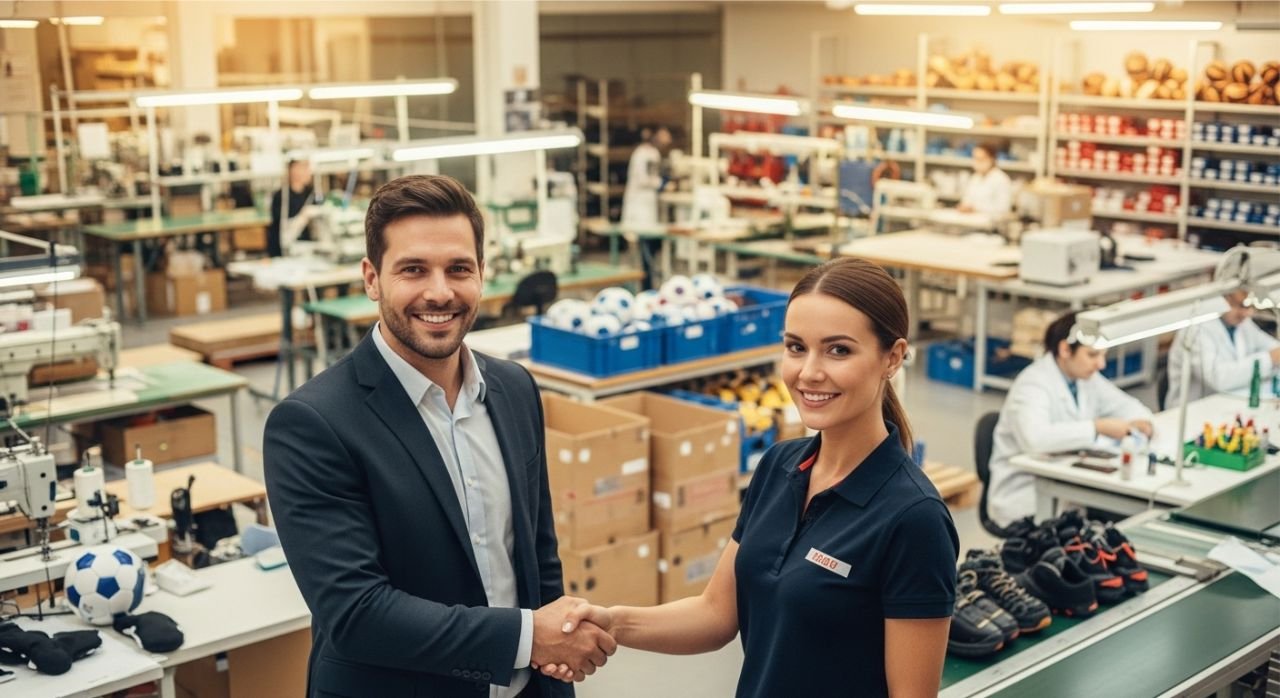 B2B buyer and sports gear manufacturer shaking hands, symbolizing long-term partnership.