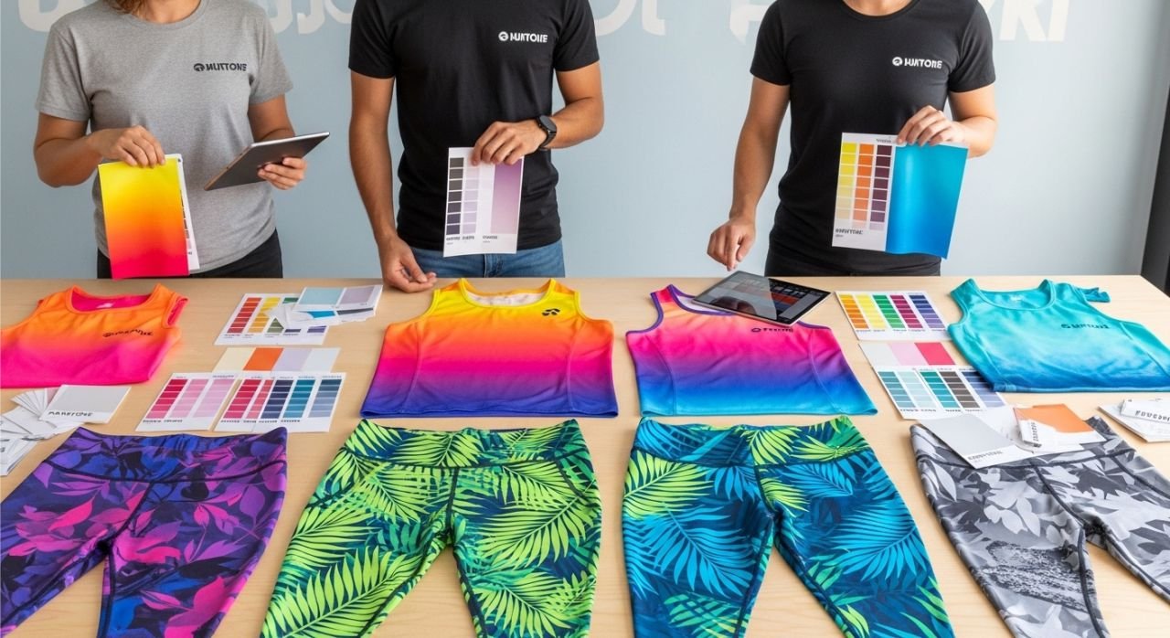 Custom sportswear showing Pantone color matching, gradients, and sublimation designs.