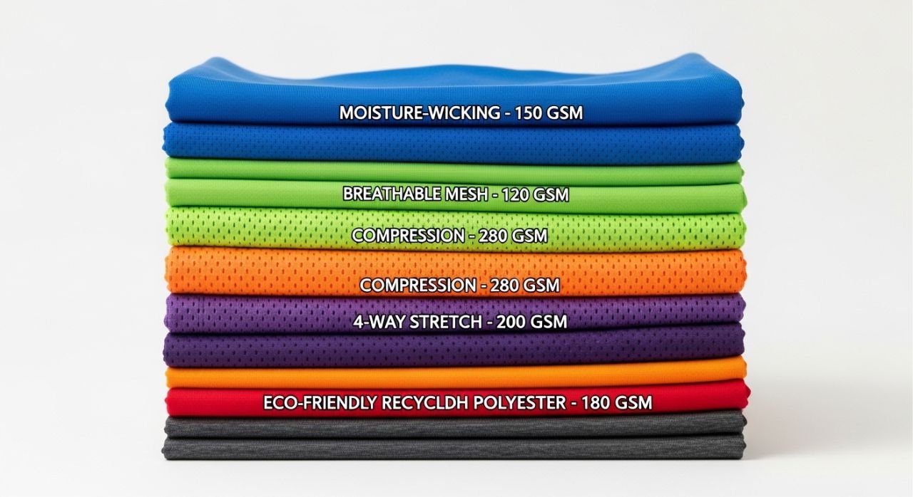 Custom sportswear fabrics including moisture-wicking, compression, stretch, and sustainable options.